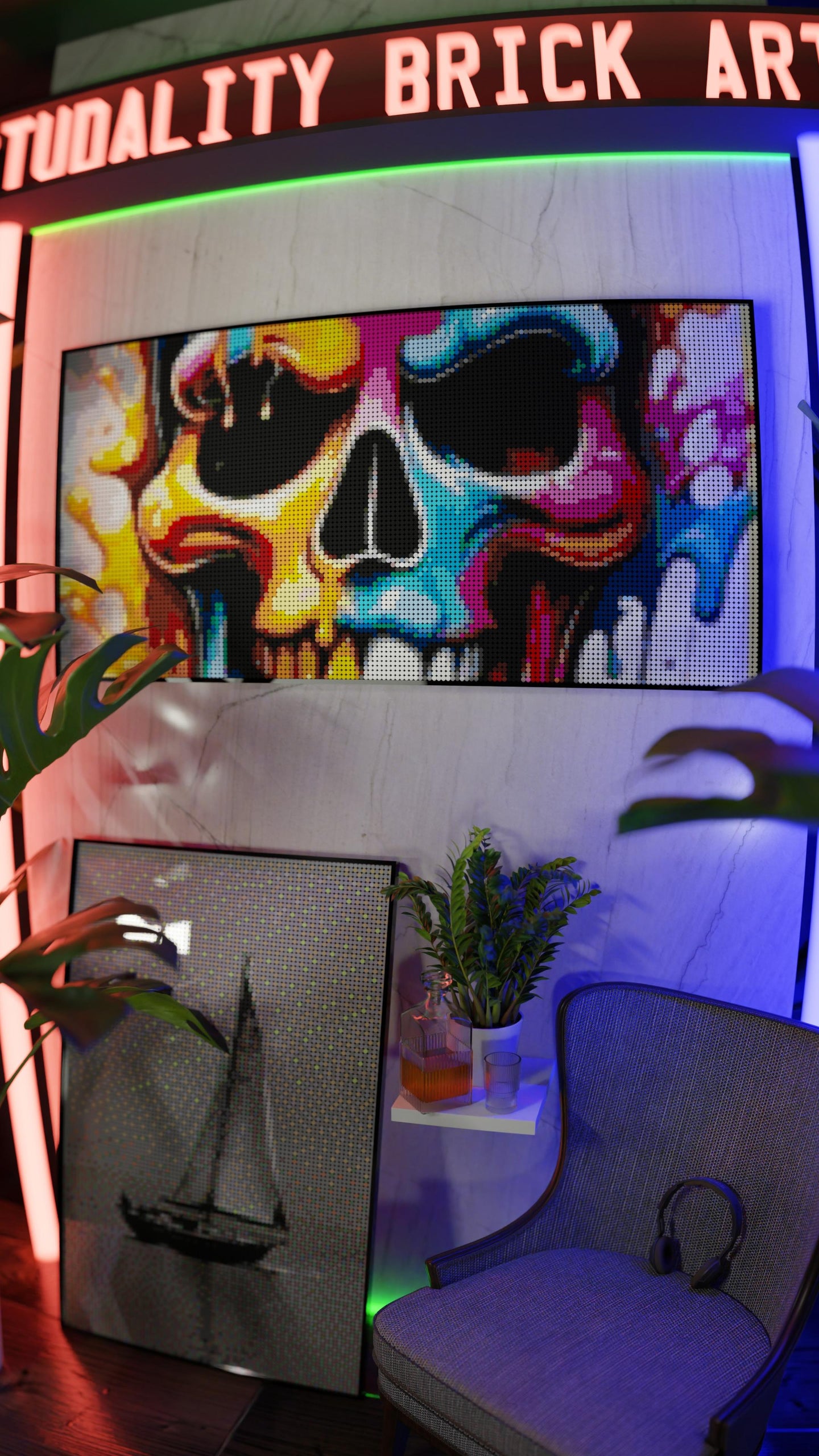 Vivid Decay LEGO® Style mosaic wall art made from colorful plastic bricks